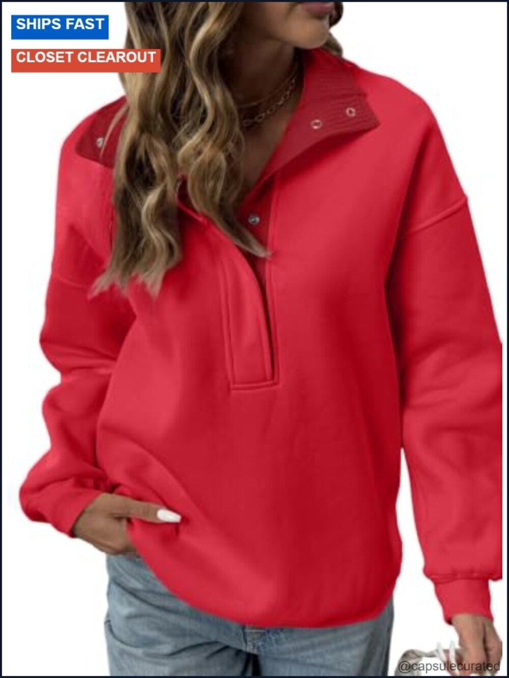 Mock Neck Quarter Button Oversized Sweatshirt Cotton Polyester Blend Pullover